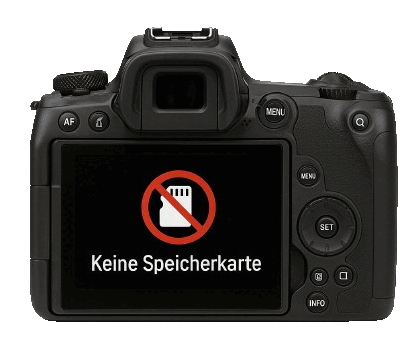 Auf einem Kameradisplay blinkt der Hinweis „Keine Speicherkarte eingelegt“.